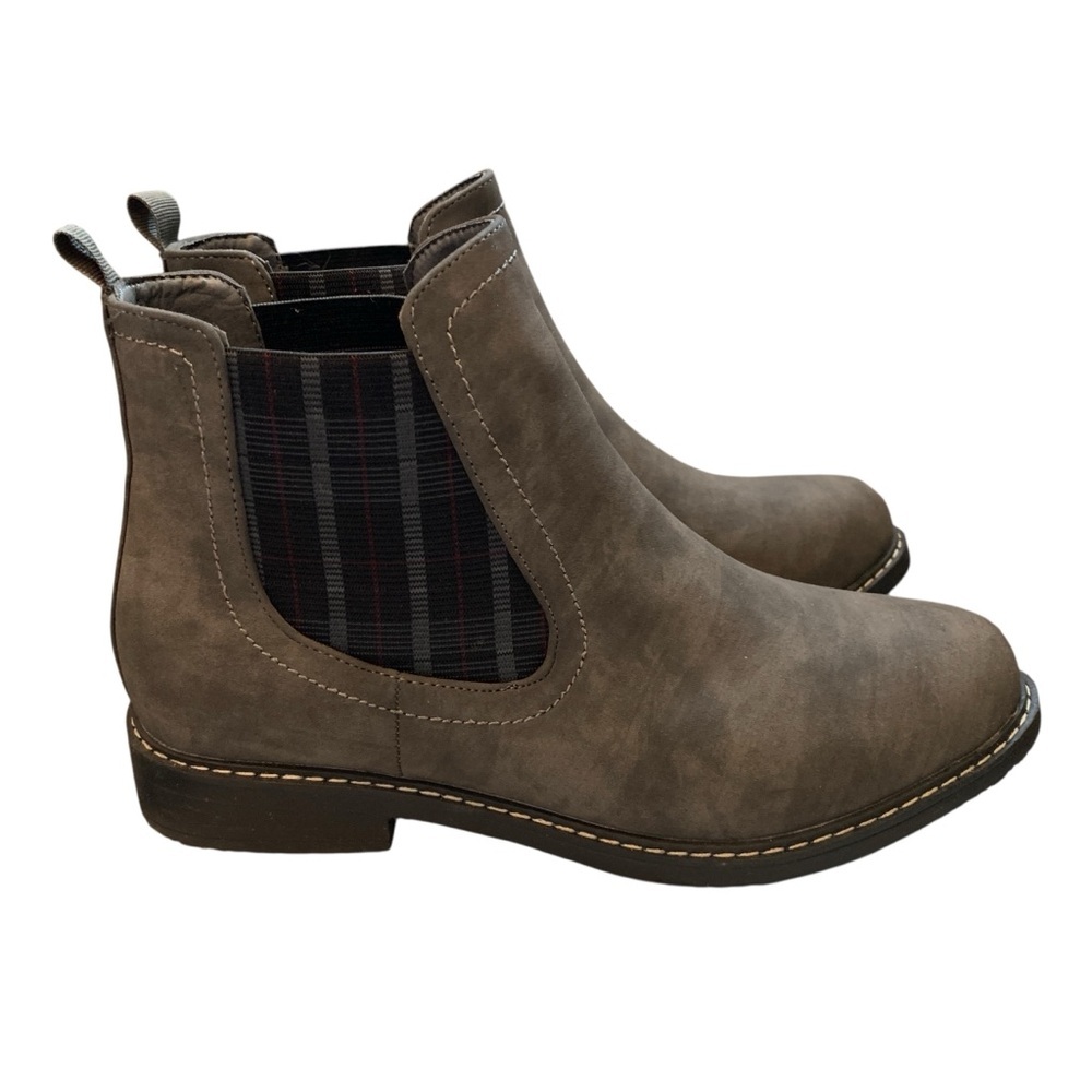 Boutique by Corkys Ankle Boots Womens 8 Grey Brown Plaid Fall Pull Tab Vegan